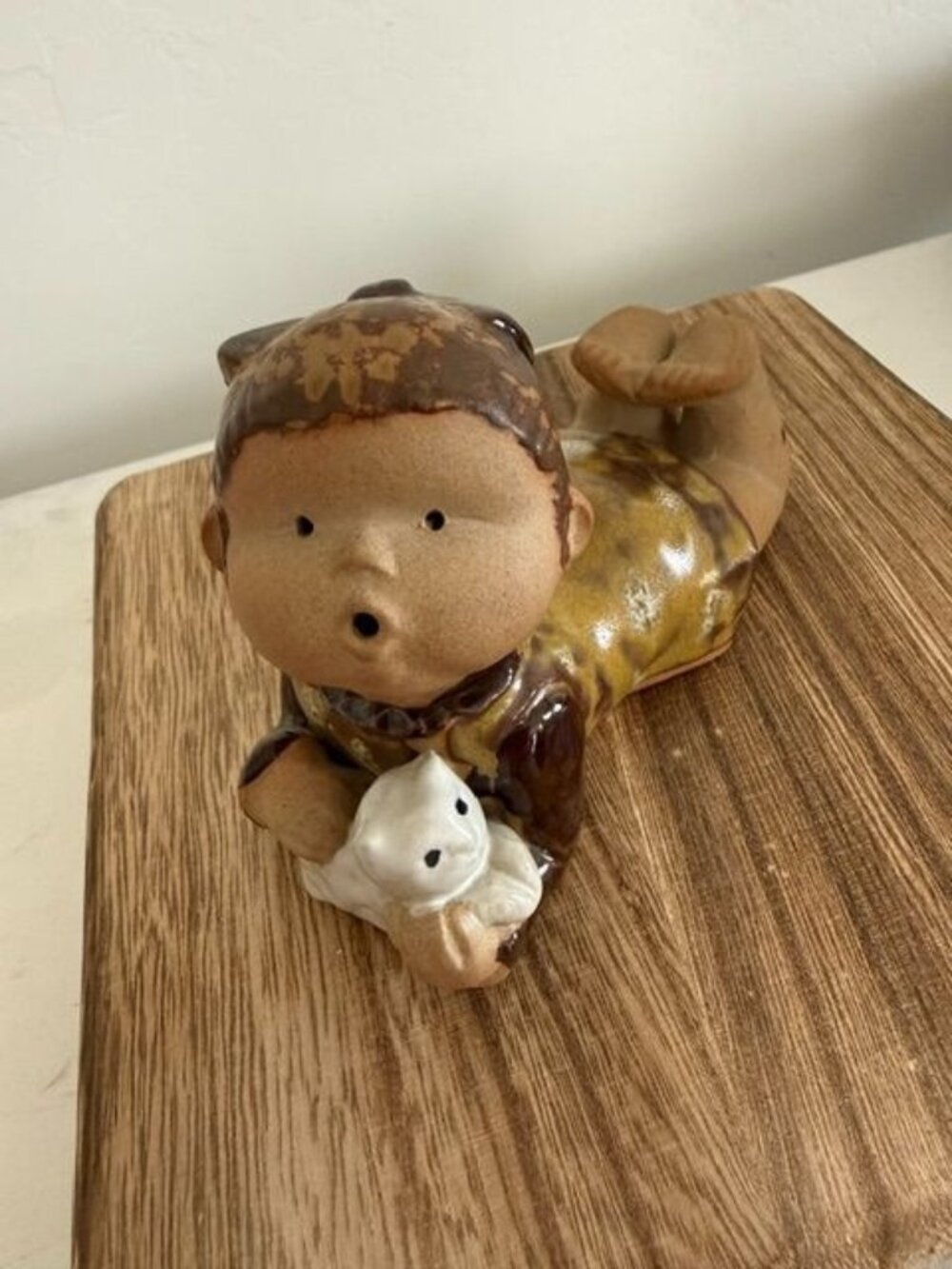 Vintage Made in Japan Ceramic Girl Holding White Kitten Figurine Cute Child Deco